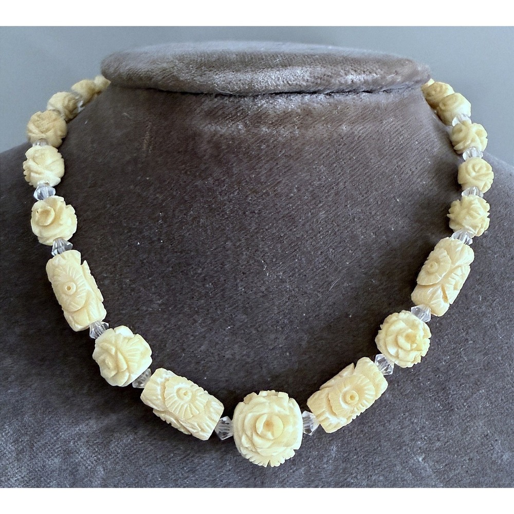Vtg Carved Bovine Bone Floral Geo Glass Station Bead Necklace Sterling Clasp 15"